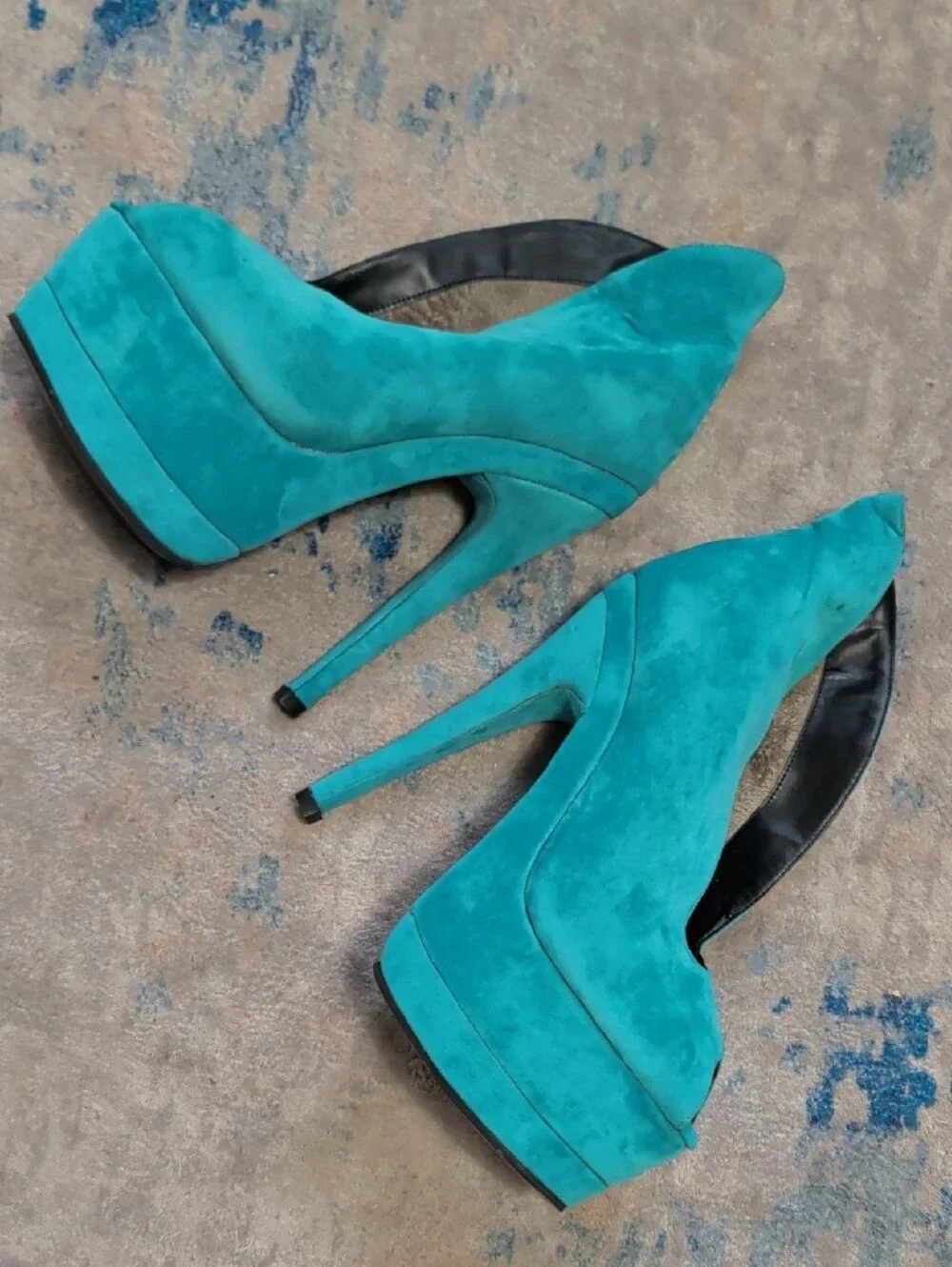 Teal Vegan Suede Keyhole Stiletto Heel Platform Pumps for Women's 6